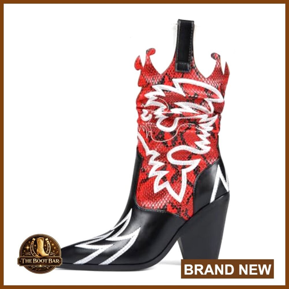 Embroidered Cowboy Boots Mid Calf Chunky Heel Pointed Toe Western Cowgirl Boots - Picture 4 of 7